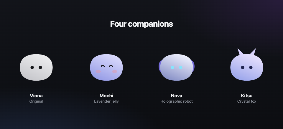 The four companions: Viona, Mochi, Nova, and Kitsu