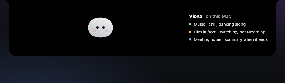 Viona in the notch, showing music, a film, and meeting notes